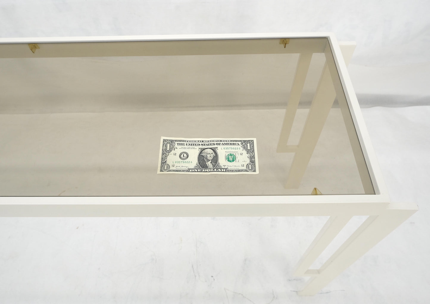 EstablishedLines White Enamel Base Frame Smoked Glass 54" Mid Century Console Sofa Table MINT