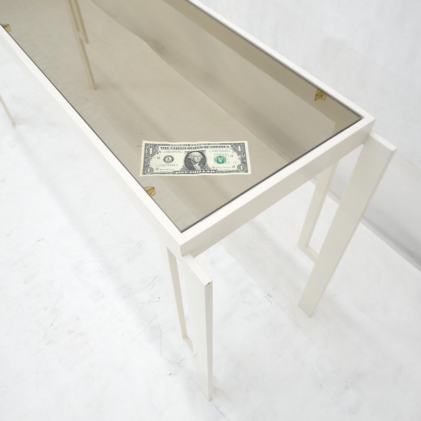 EstablishedLines White Enamel Base Frame Smoked Glass 54" Mid Century Console Sofa Table MINT