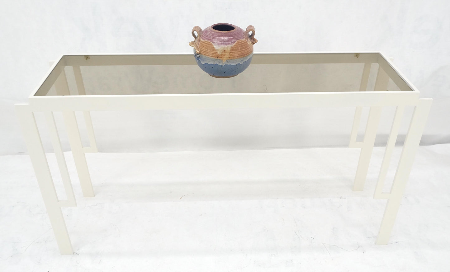 EstablishedLines White Enamel Base Frame Smoked Glass 54" Mid Century Console Sofa Table MINT