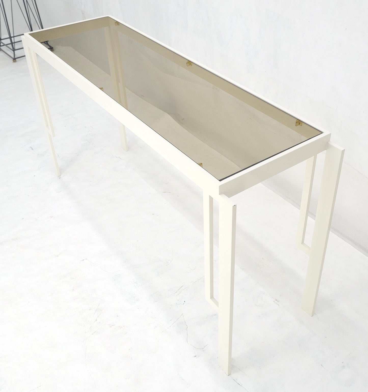 EstablishedLines White Enamel Base Frame Smoked Glass 54" Mid Century Console Sofa Table MINT