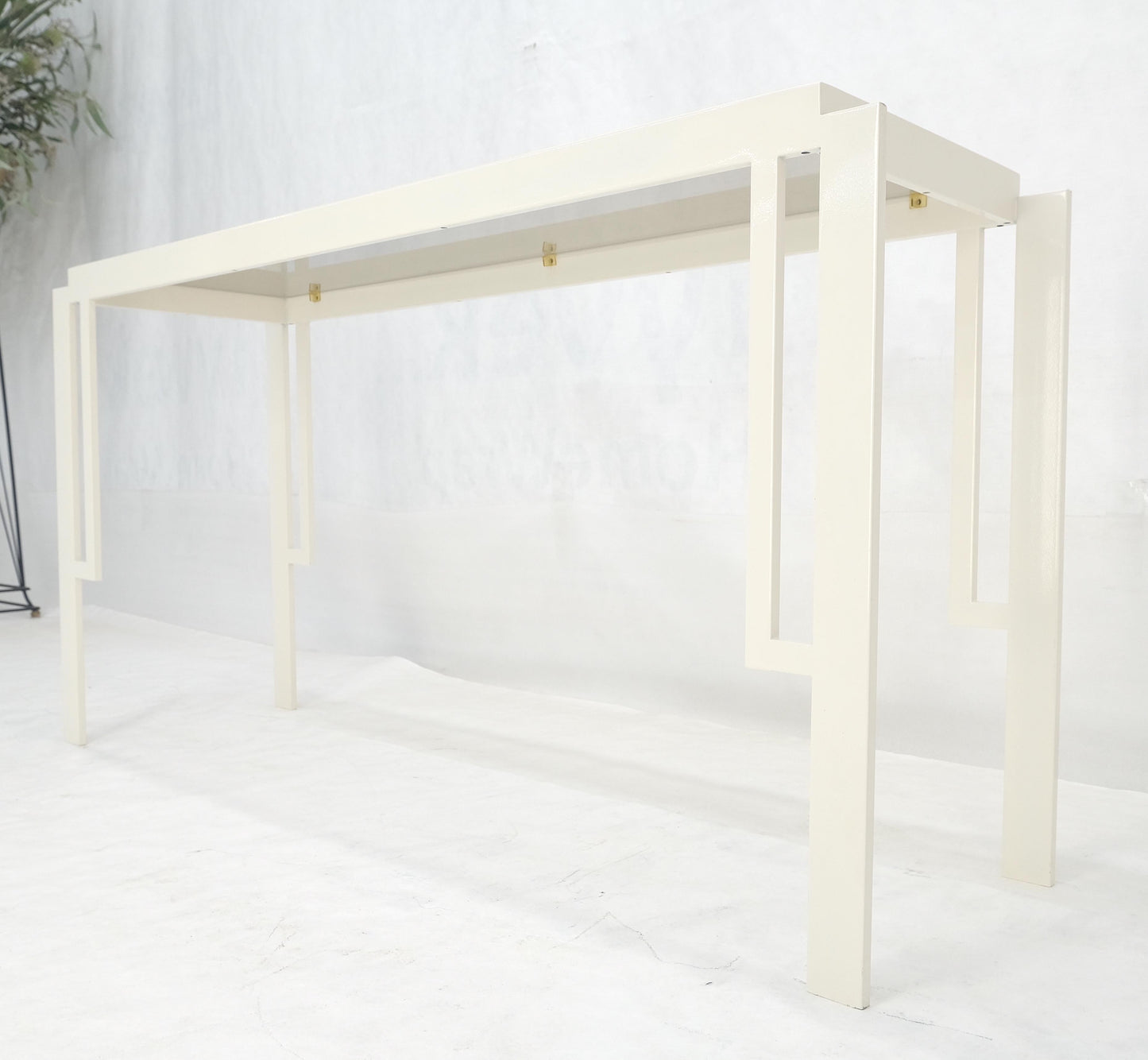 EstablishedLines White Enamel Base Frame Smoked Glass 54" Mid Century Console Sofa Table MINT
