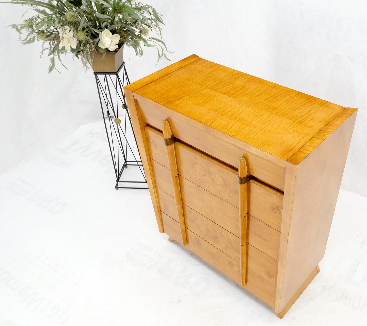 Cedar Drawer W/ Lid Mid-Century Modern Burl High Chest Dresser Sculptured Pulls