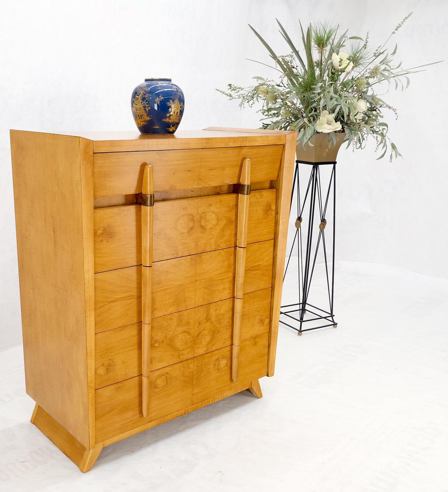 Cedar Drawer W/ Lid Mid-Century Modern Burl High Chest Dresser Sculptured Pulls