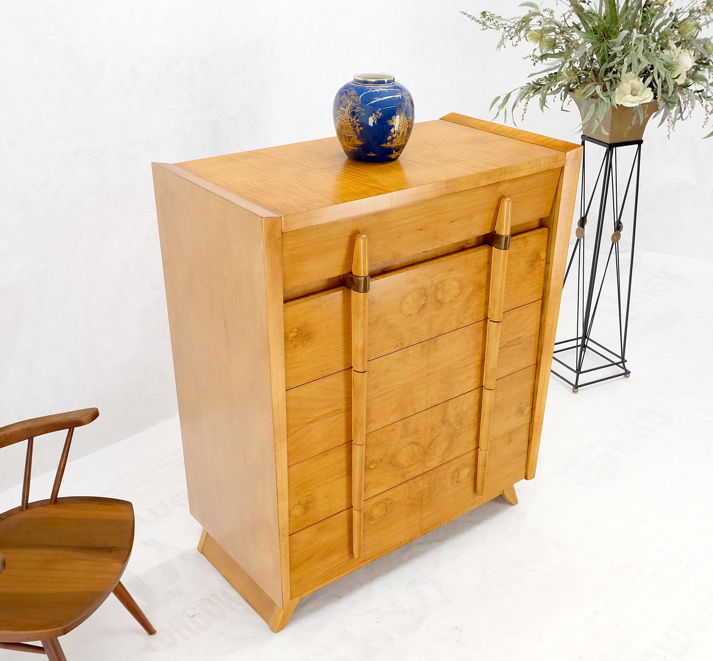 Cedar Drawer W/ Lid Mid-Century Modern Burl High Chest Dresser Sculptured Pulls