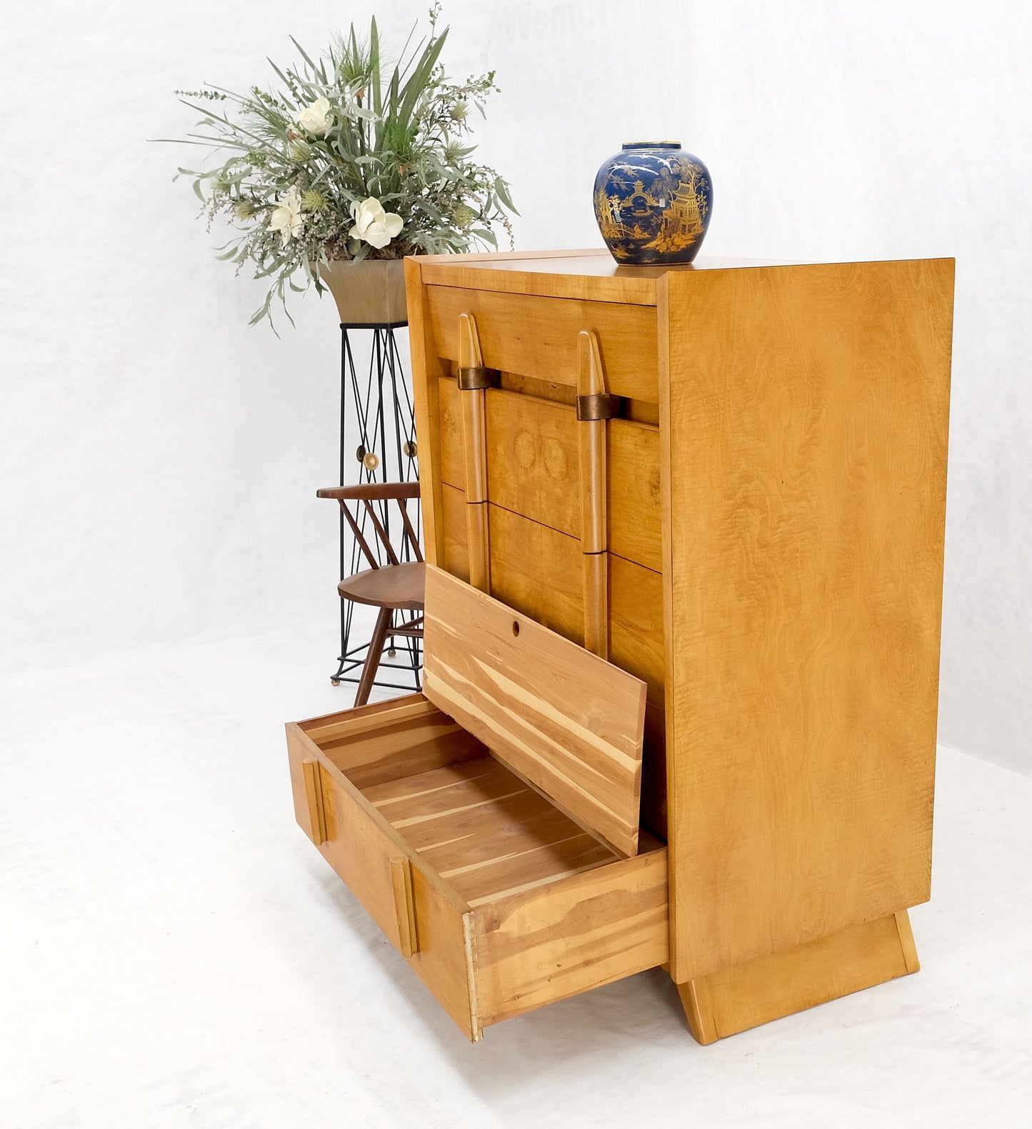 Cedar Drawer W/ Lid Mid-Century Modern Burl High Chest Dresser Sculptured Pulls