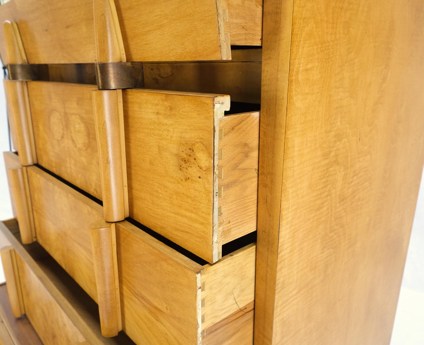 Cedar Drawer W/ Lid Mid-Century Modern Burl High Chest Dresser Sculptured Pulls