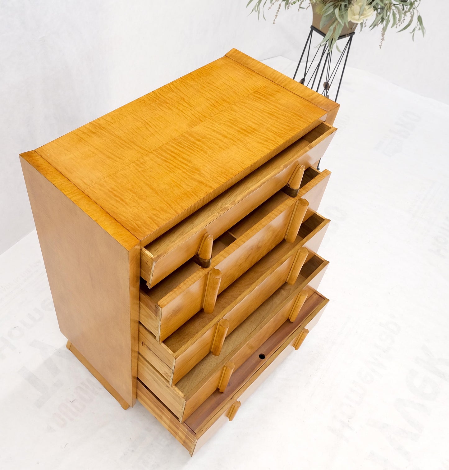 Cedar Drawer W/ Lid Mid-Century Modern Burl High Chest Dresser Sculptured Pulls
