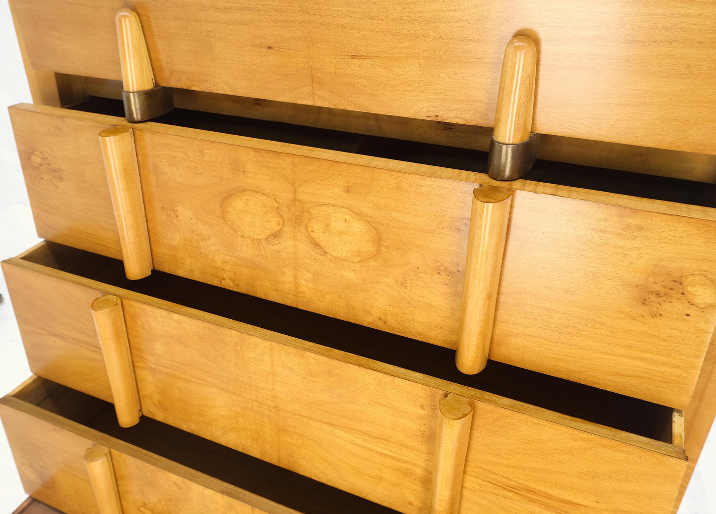 Cedar Drawer W/ Lid Mid-Century Modern Burl High Chest Dresser Sculptured Pulls
