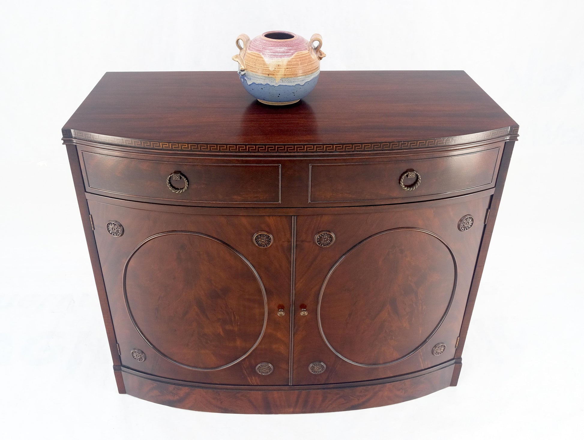 EstablishedLines Federal Flame Crotch Mahogany Bow Front Double Door Compartment Sideboard MINT!