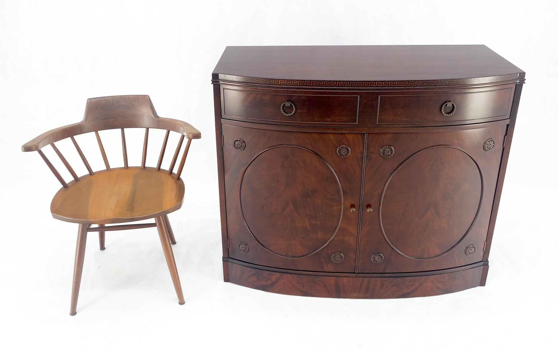 EstablishedLines Federal Flame Crotch Mahogany Bow Front Double Door Compartment Sideboard MINT!