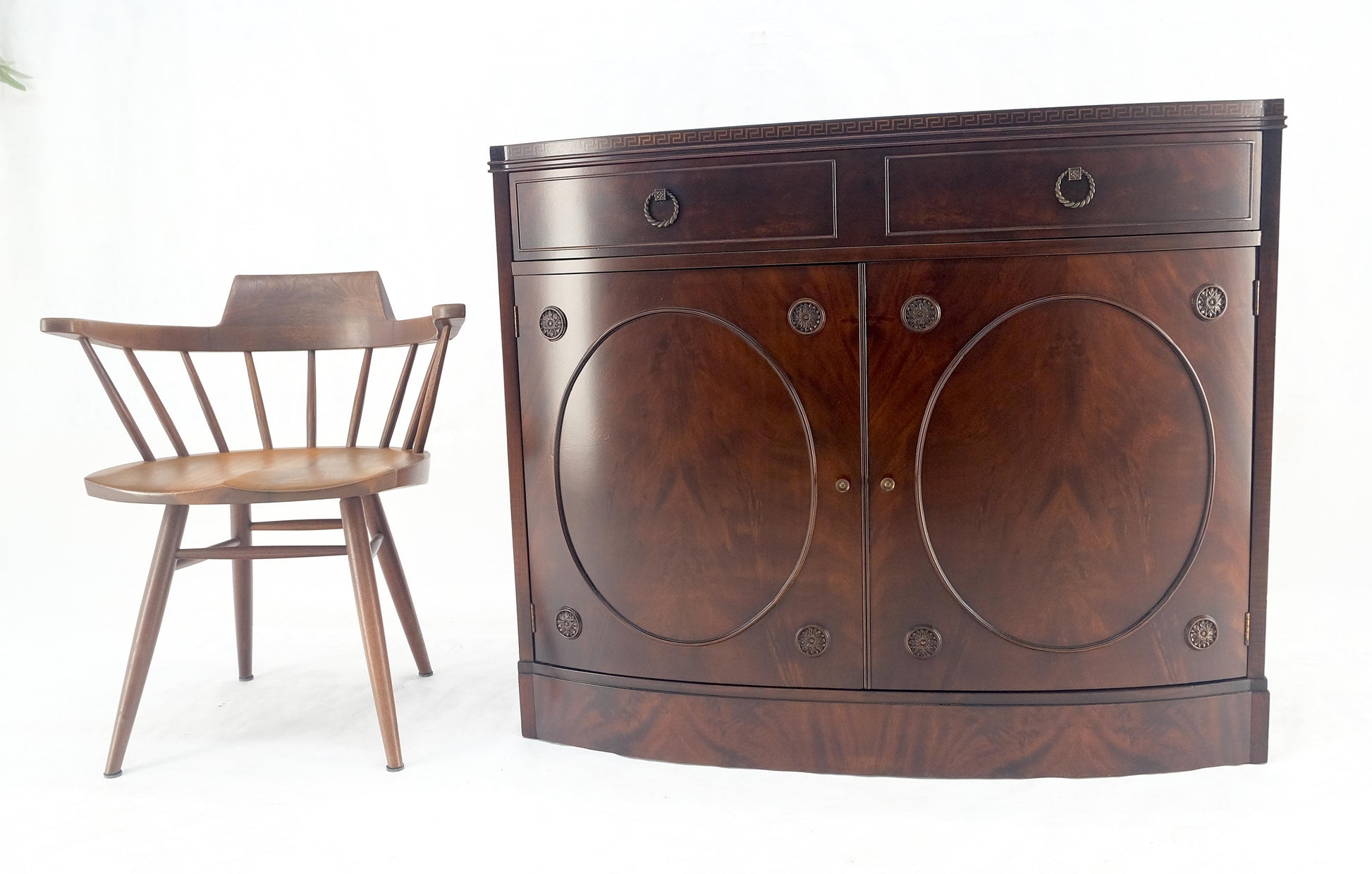 EstablishedLines Federal Flame Crotch Mahogany Bow Front Double Door Compartment Sideboard MINT!