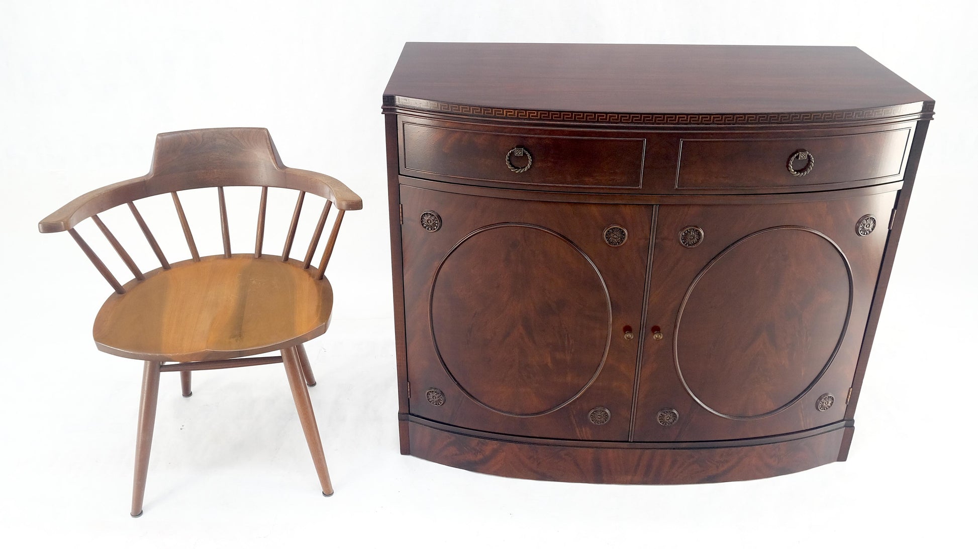 EstablishedLines Federal Flame Crotch Mahogany Bow Front Double Door Compartment Sideboard MINT!