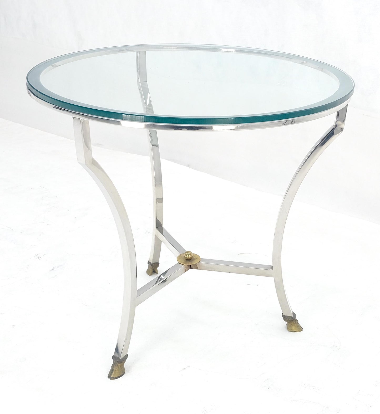 EstablishedLines Stainless Steel Italian 24" Round Glass Top Brass Hoof Feet End Side Lamp Table