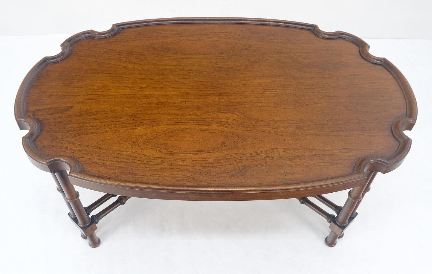 EstablishedLines Faux Bamboo Walnut Oval Shield Shape Compact 37" Long Coffee Side Table MINT
