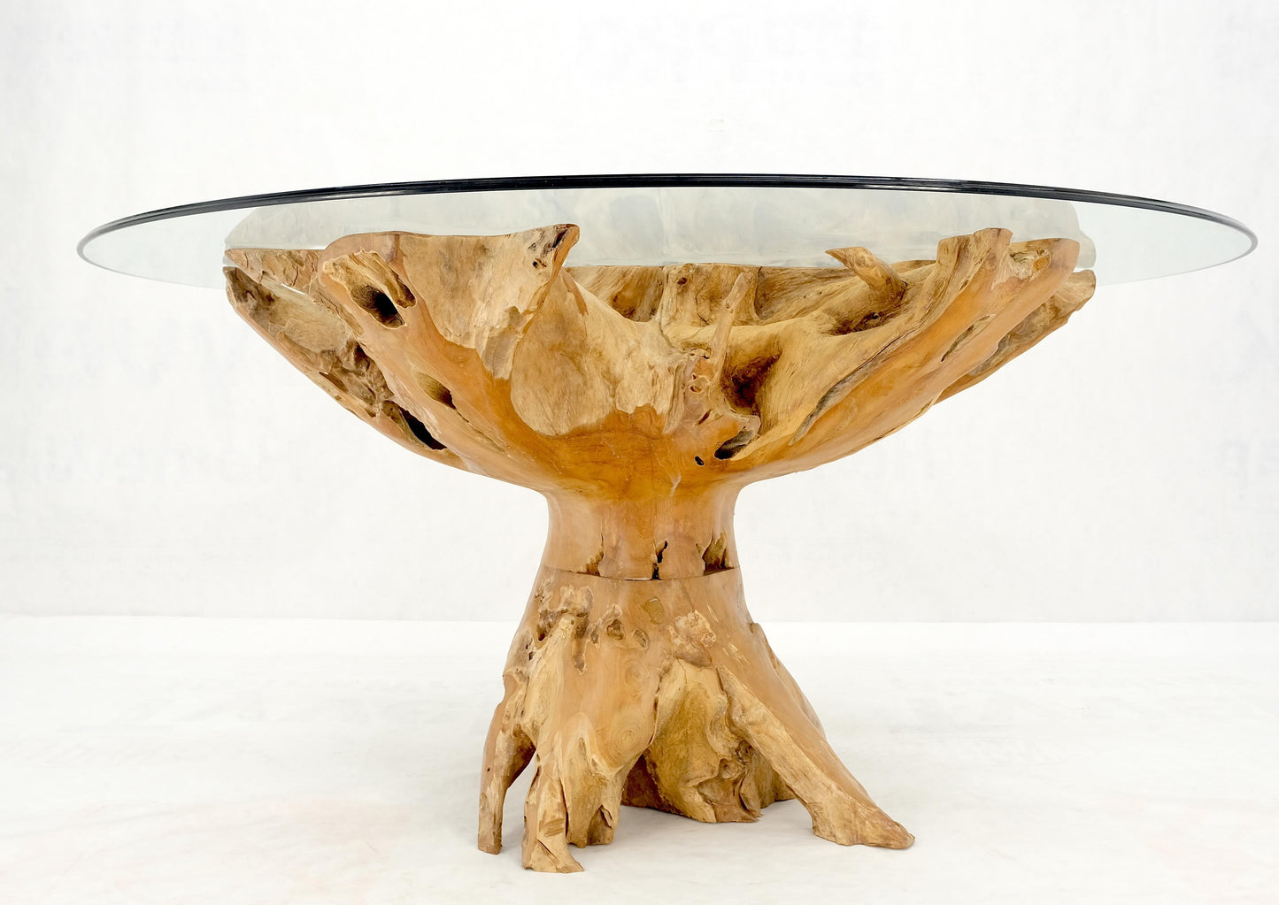 Large Natural Specimen Turned Drift Wood Base Round Glass Top Dining Table MINT!