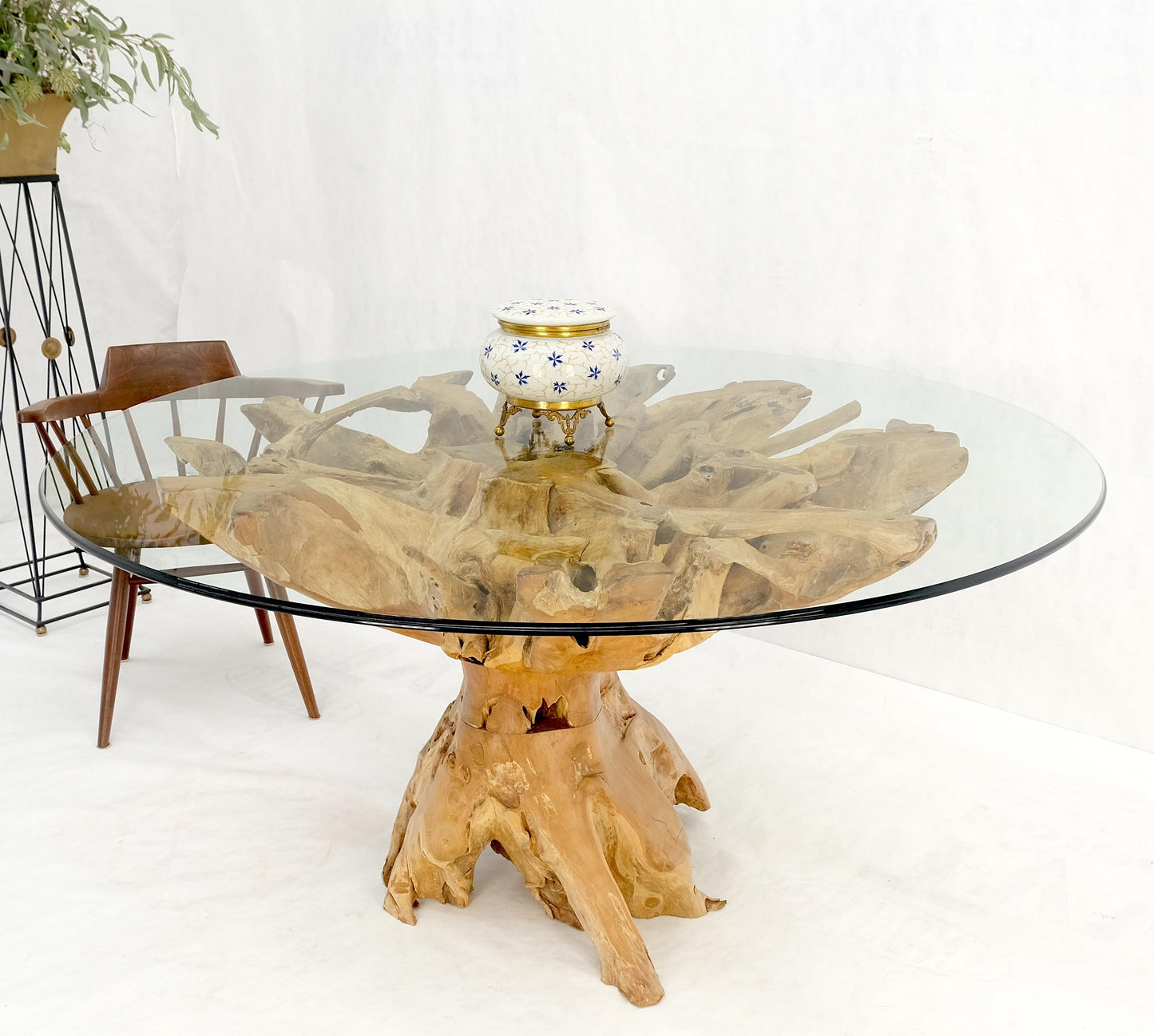 Large Natural Specimen Turned Drift Wood Base Round Glass Top Dining Table MINT!