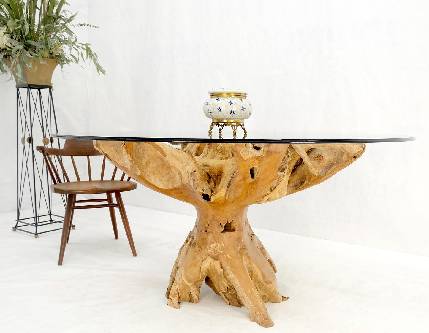Large Natural Specimen Turned Drift Wood Base Round Glass Top Dining Table MINT!