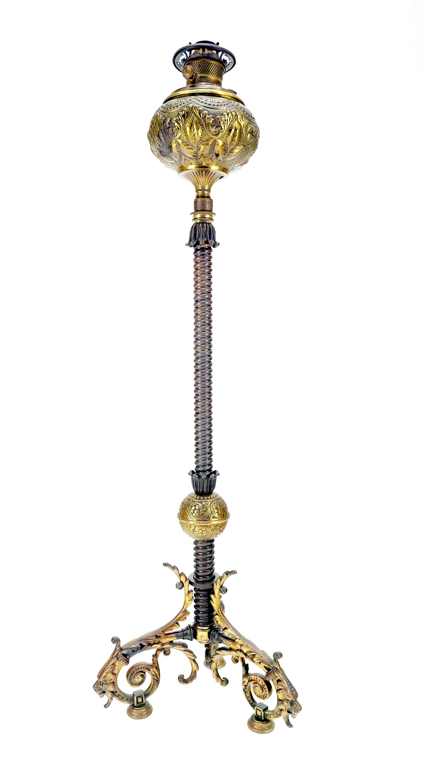 EstablishedLines 19h Century Cast Polished Brass Tripod Base Adjustable Height Oil Flor Lamp MINT