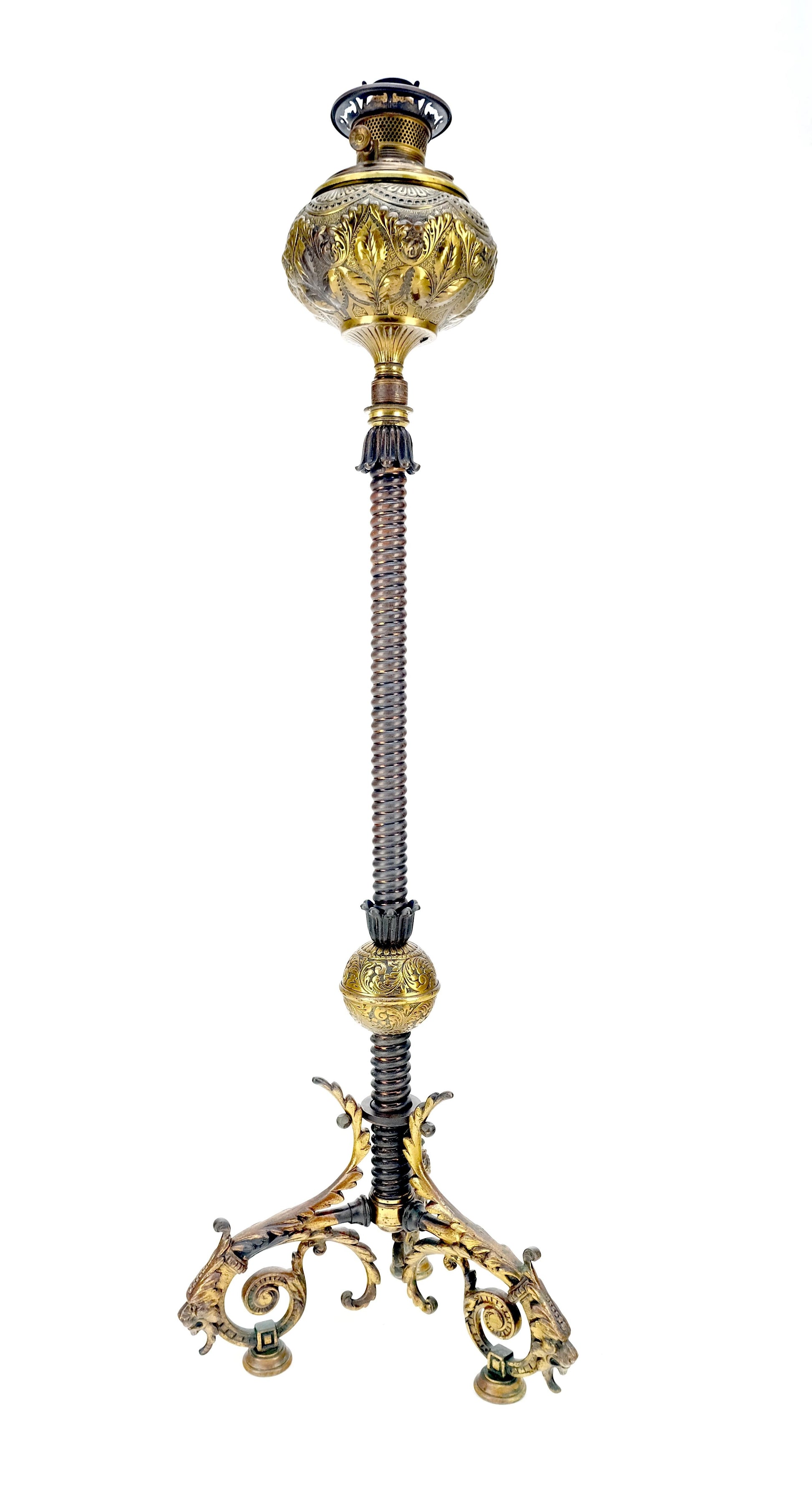 EstablishedLines 19h Century Cast Polished Brass Tripod Base Adjustable Height Oil Flor Lamp MINT