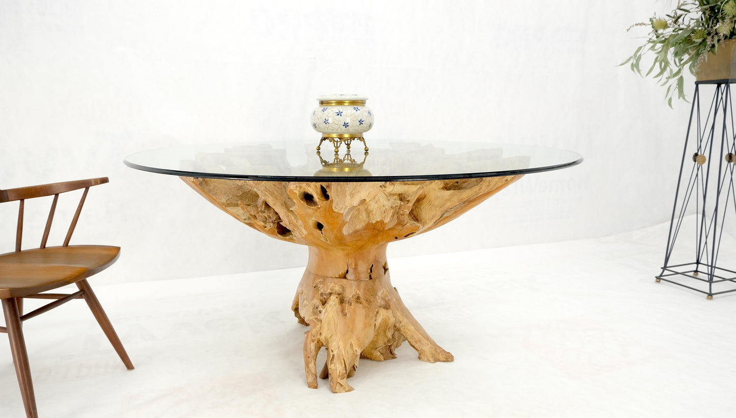 Large Natural Specimen Turned Drift Wood Base Round Glass Top Dining Table MINT!