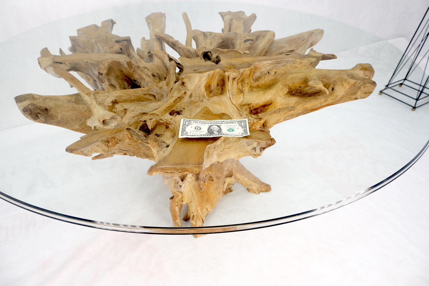 Large Natural Specimen Turned Drift Wood Base Round Glass Top Dining Table MINT!