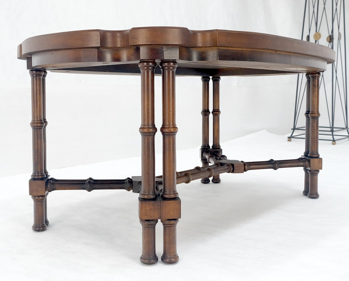 EstablishedLines Faux Bamboo Walnut Oval Shield Shape Compact 37" Long Coffee Side Table MINT