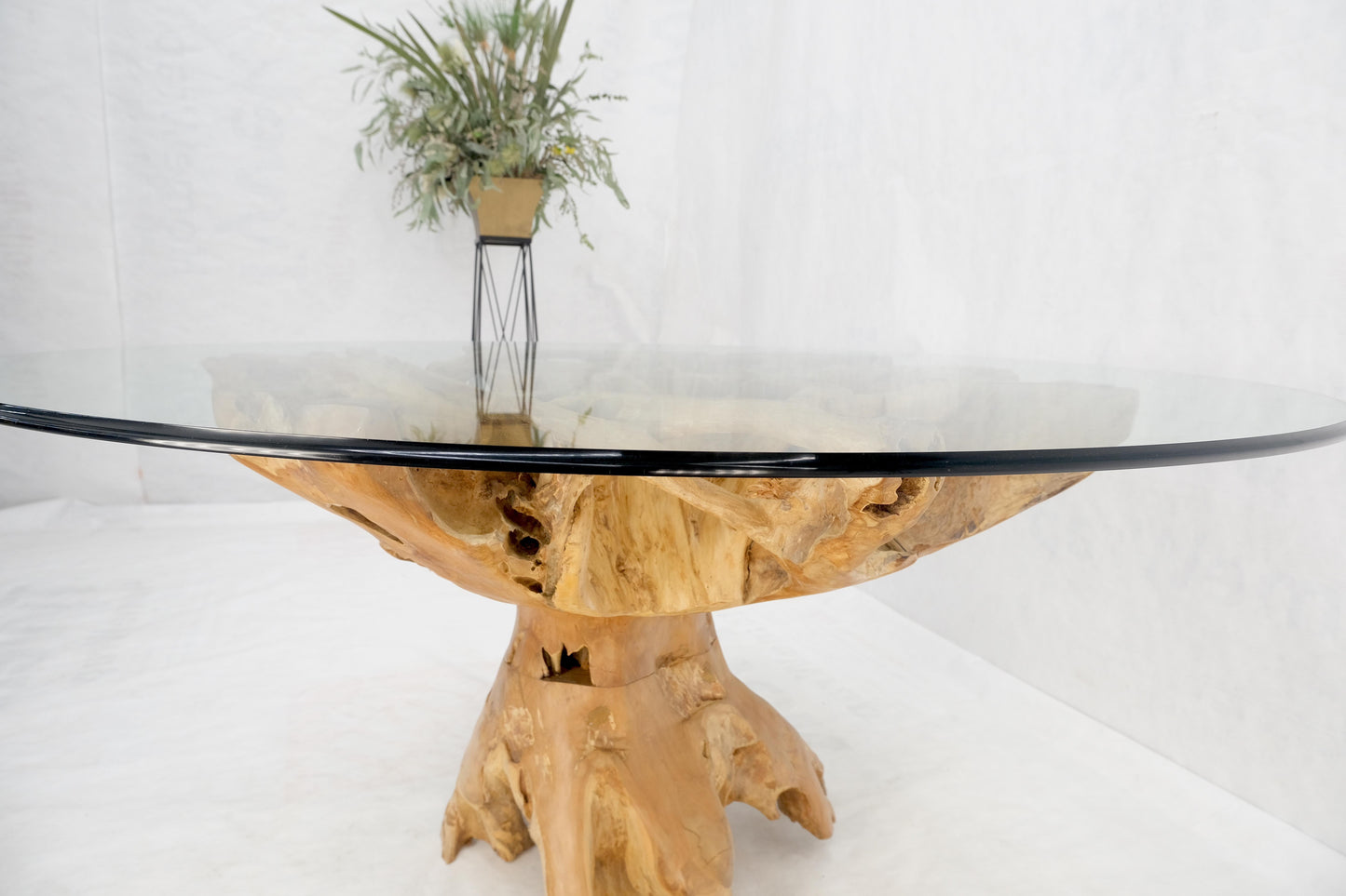 Large Natural Specimen Turned Drift Wood Base Round Glass Top Dining Table MINT!
