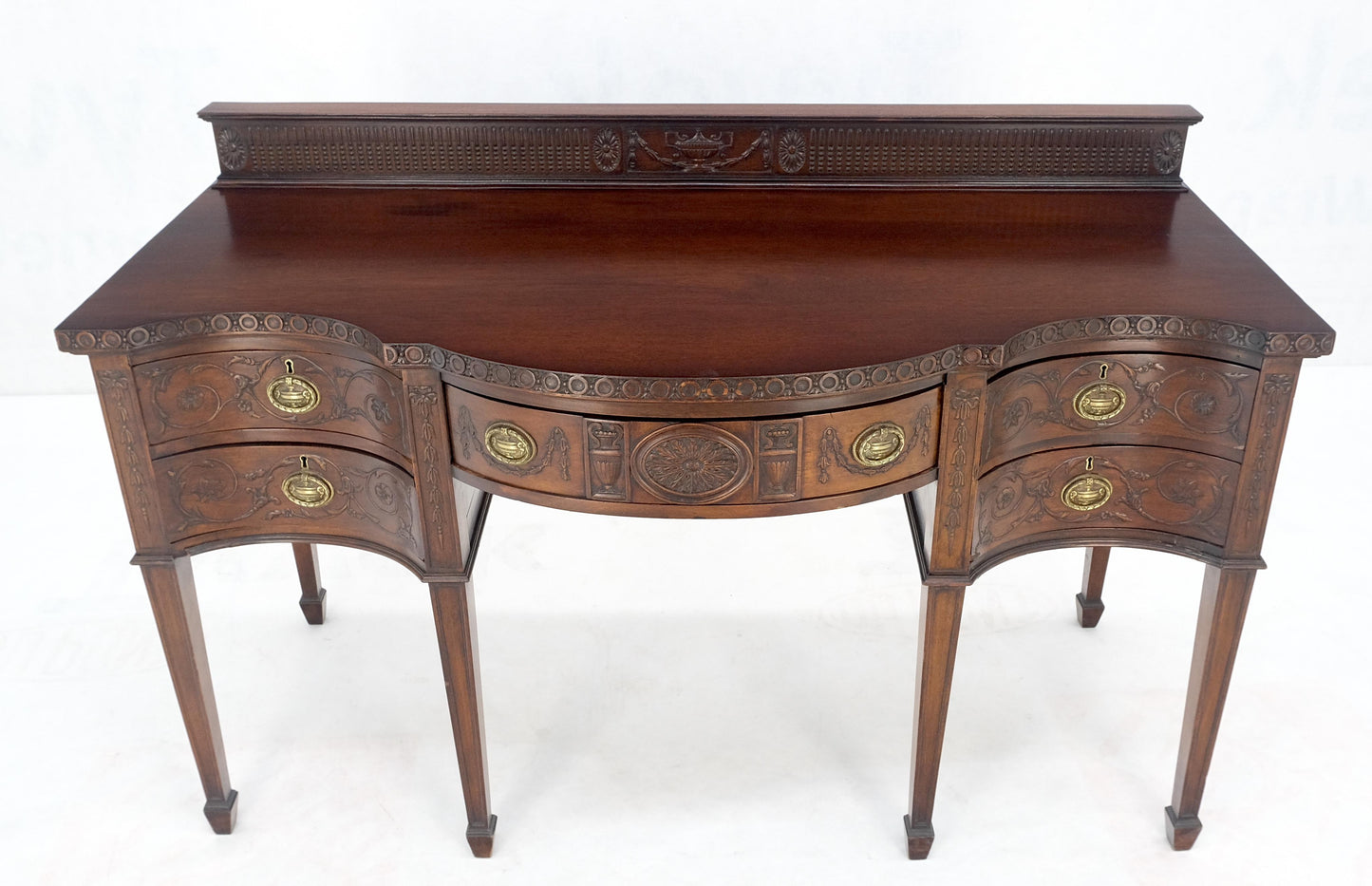 EstablishedLines Fine Bench Made Carved Mahogany Serpentine Front Dovetail Drawers Vanity Desk