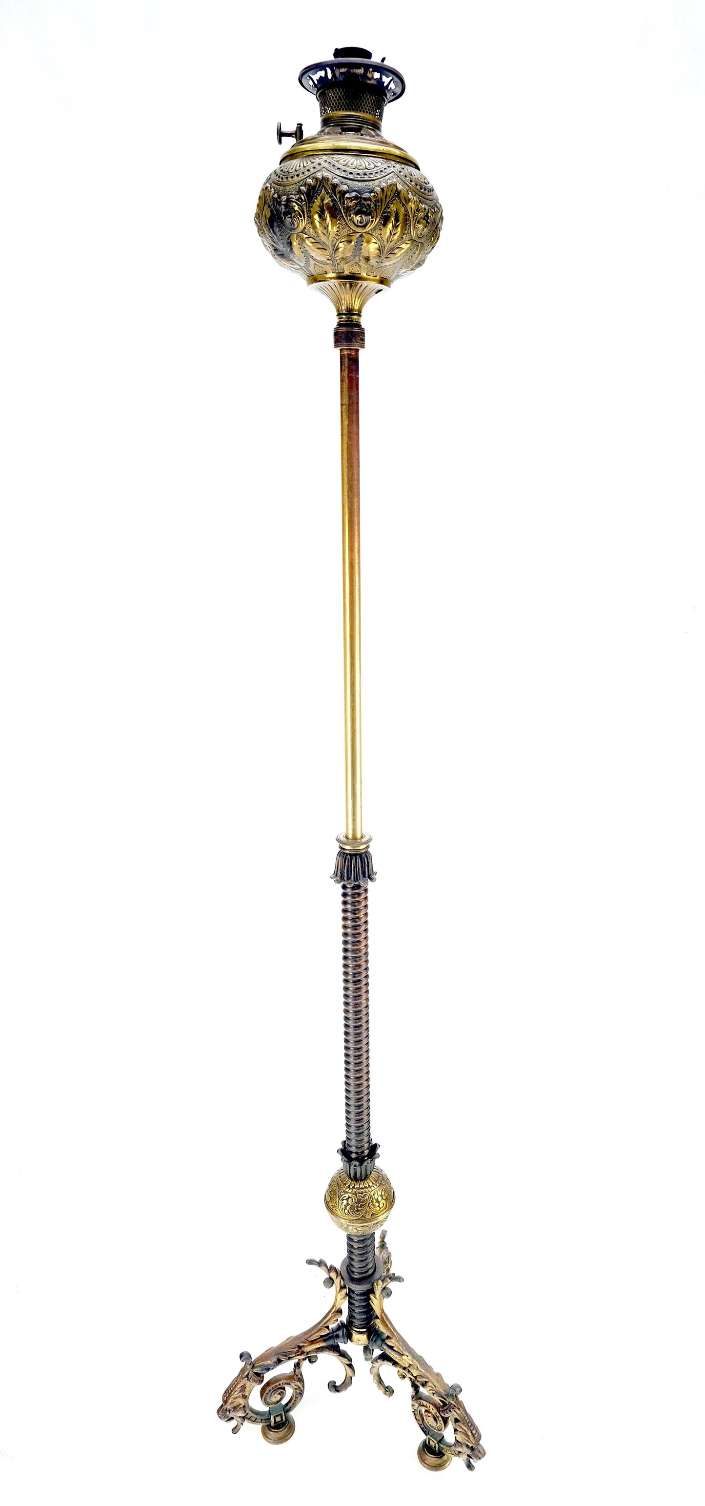 EstablishedLines 19h Century Cast Polished Brass Tripod Base Adjustable Height Oil Flor Lamp MINT