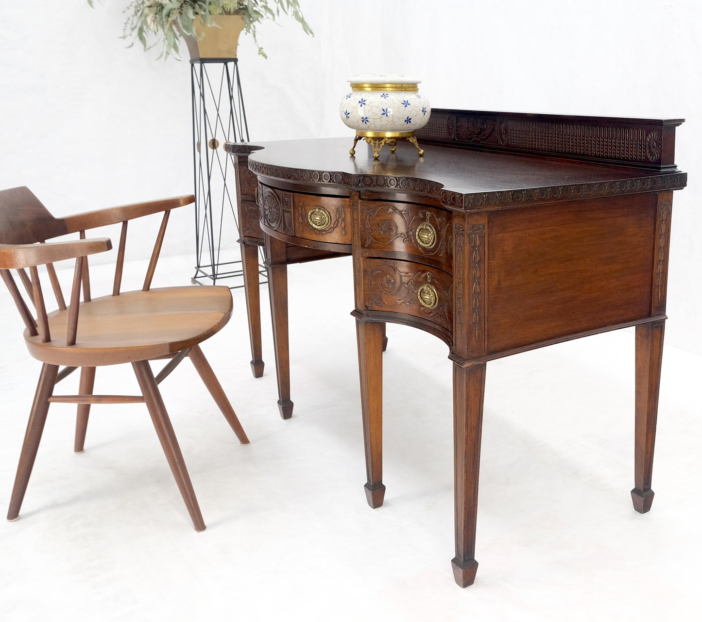 EstablishedLines Fine Bench Made Carved Mahogany Serpentine Front Dovetail Drawers Vanity Desk
