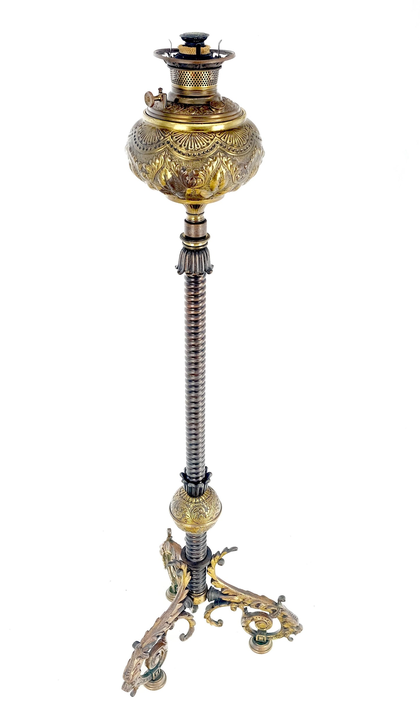 EstablishedLines 19h Century Cast Polished Brass Tripod Base Adjustable Height Oil Flor Lamp MINT