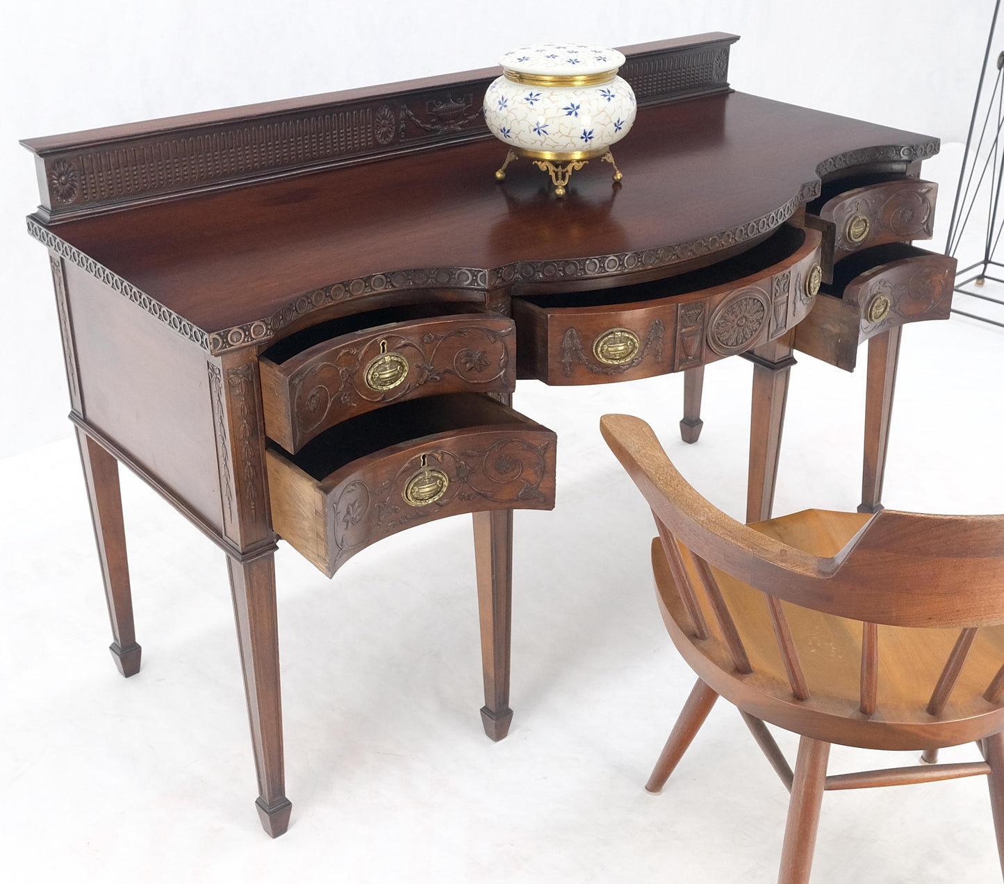 EstablishedLines Fine Bench Made Carved Mahogany Serpentine Front Dovetail Drawers Vanity Desk