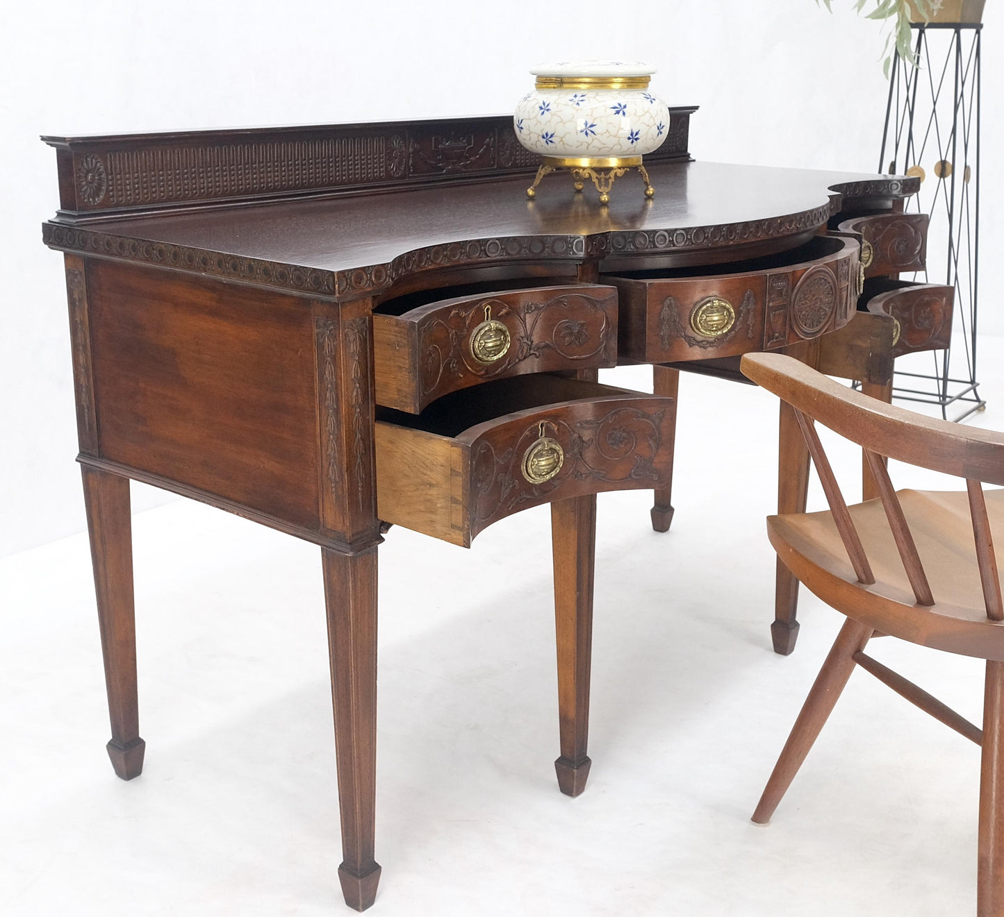 EstablishedLines Fine Bench Made Carved Mahogany Serpentine Front Dovetail Drawers Vanity Desk