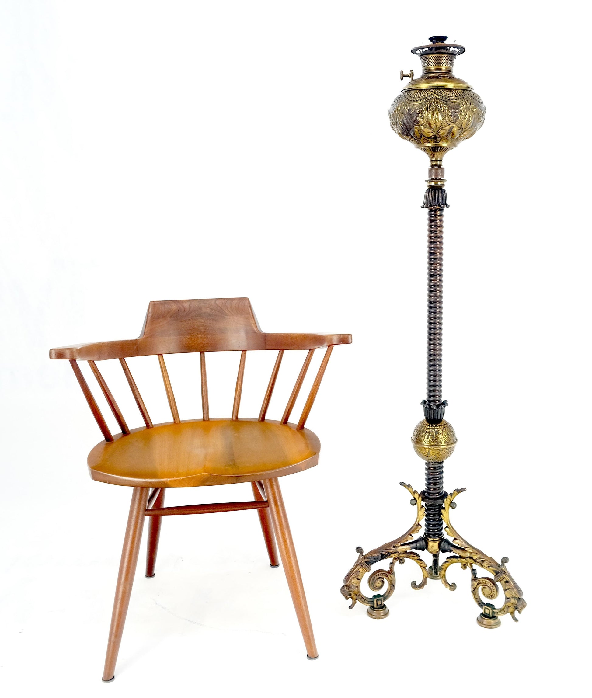 EstablishedLines 19h Century Cast Polished Brass Tripod Base Adjustable Height Oil Flor Lamp MINT