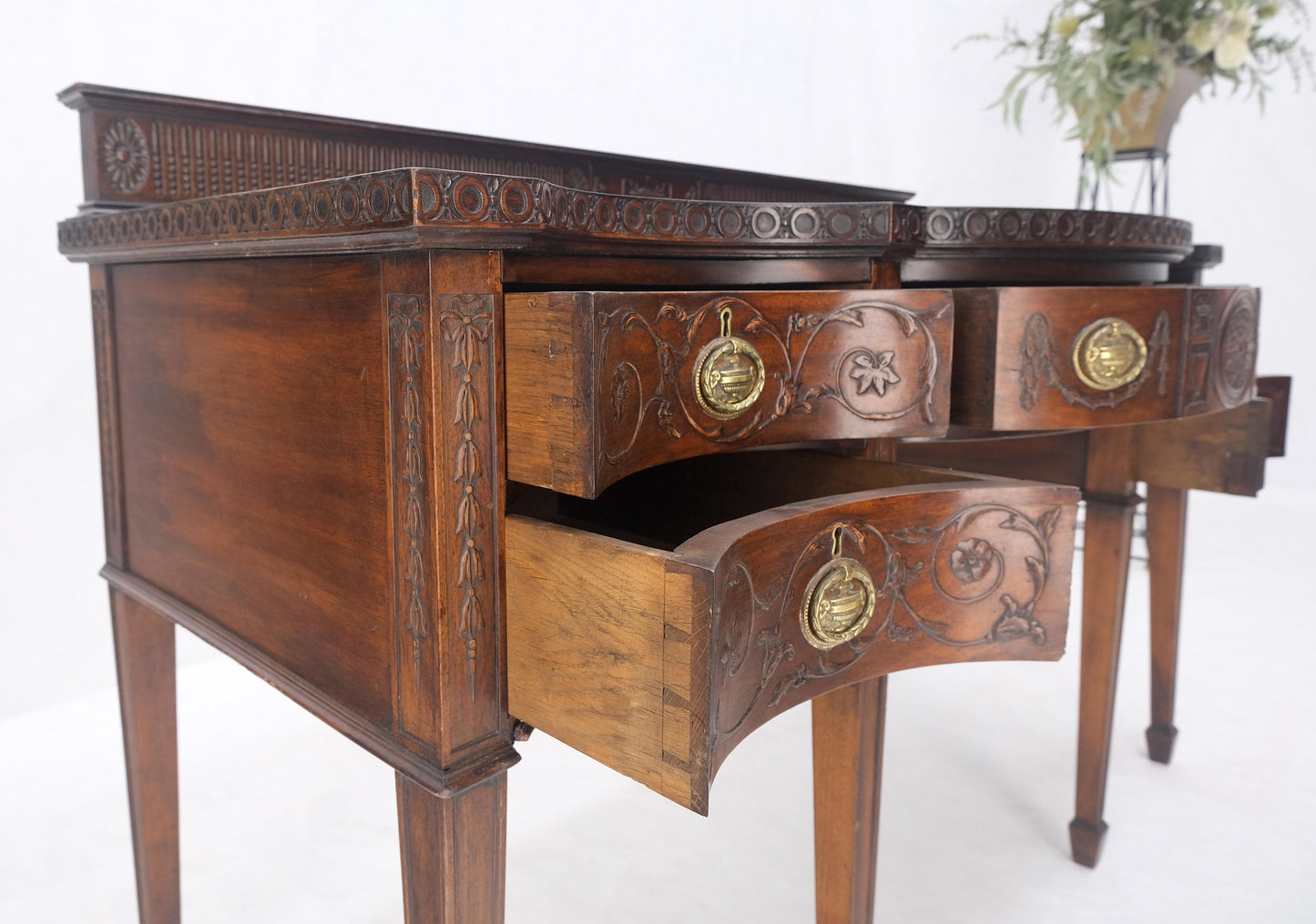 EstablishedLines Fine Bench Made Carved Mahogany Serpentine Front Dovetail Drawers Vanity Desk
