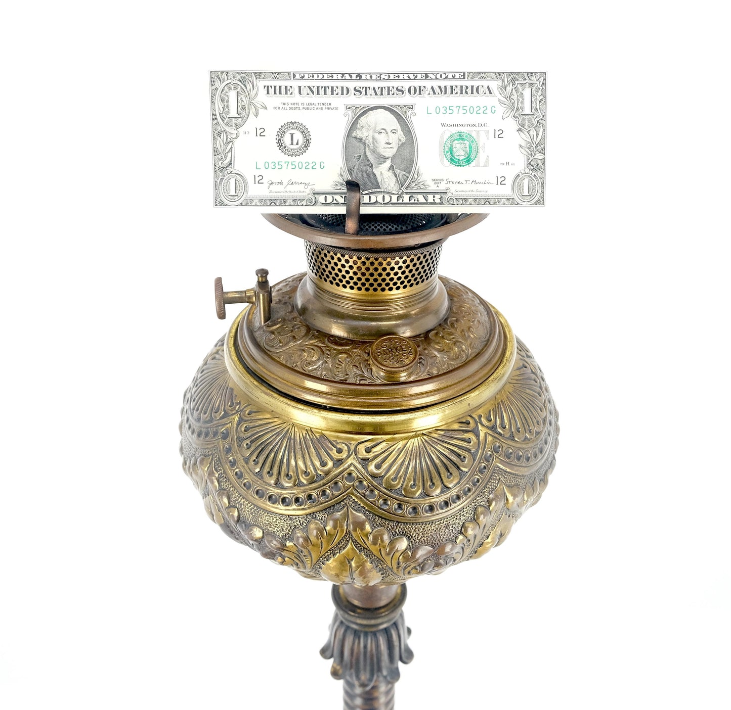EstablishedLines 19h Century Cast Polished Brass Tripod Base Adjustable Height Oil Flor Lamp MINT