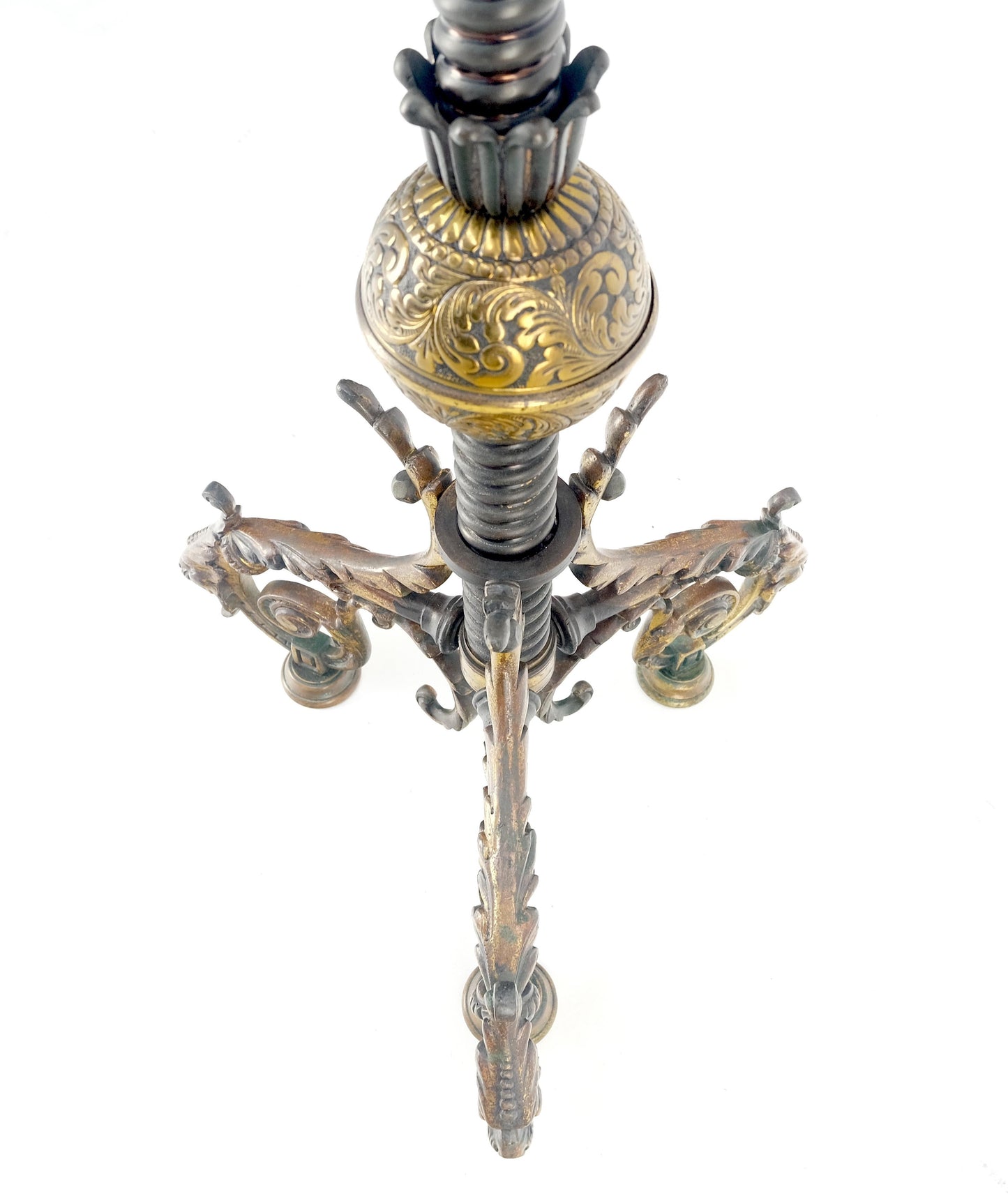 EstablishedLines 19h Century Cast Polished Brass Tripod Base Adjustable Height Oil Flor Lamp MINT