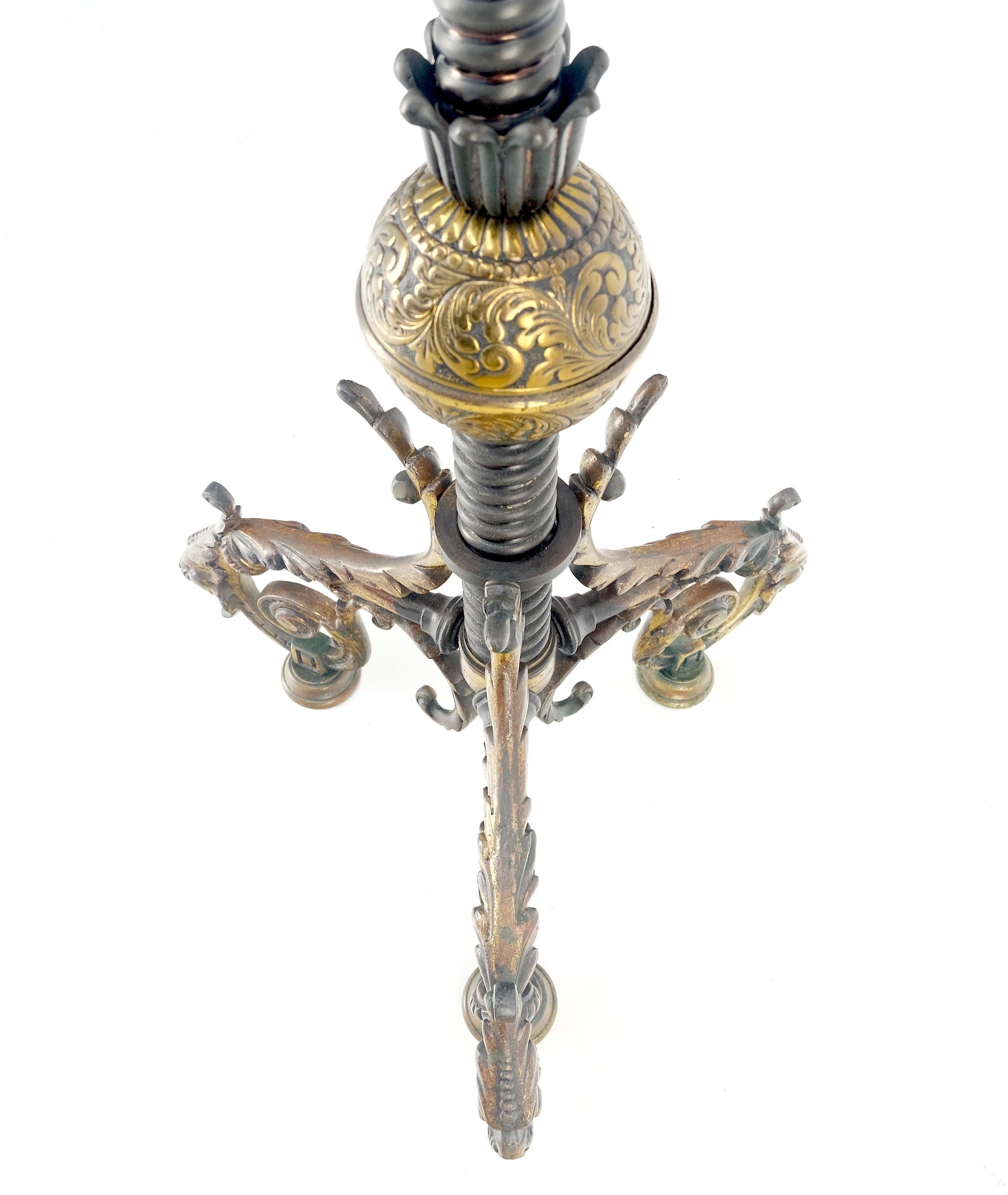 EstablishedLines 19h Century Cast Polished Brass Tripod Base Adjustable Height Oil Flor Lamp MINT