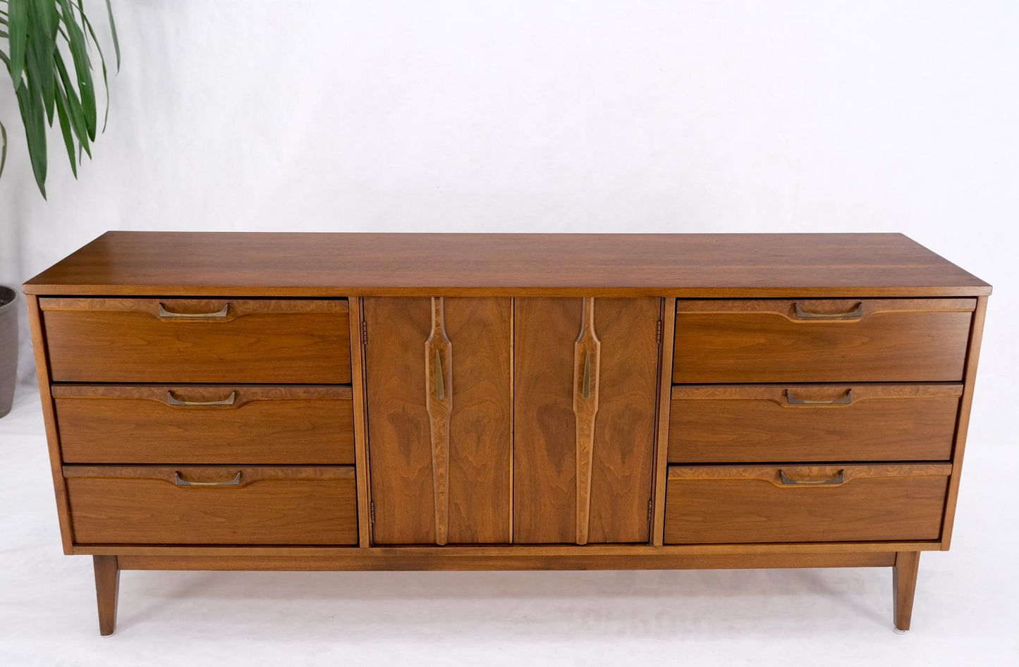 EstablishedLines Long Walnut 9 Drawers Two Doors Mid-Century Modern Dresser Credenza Burl Accents