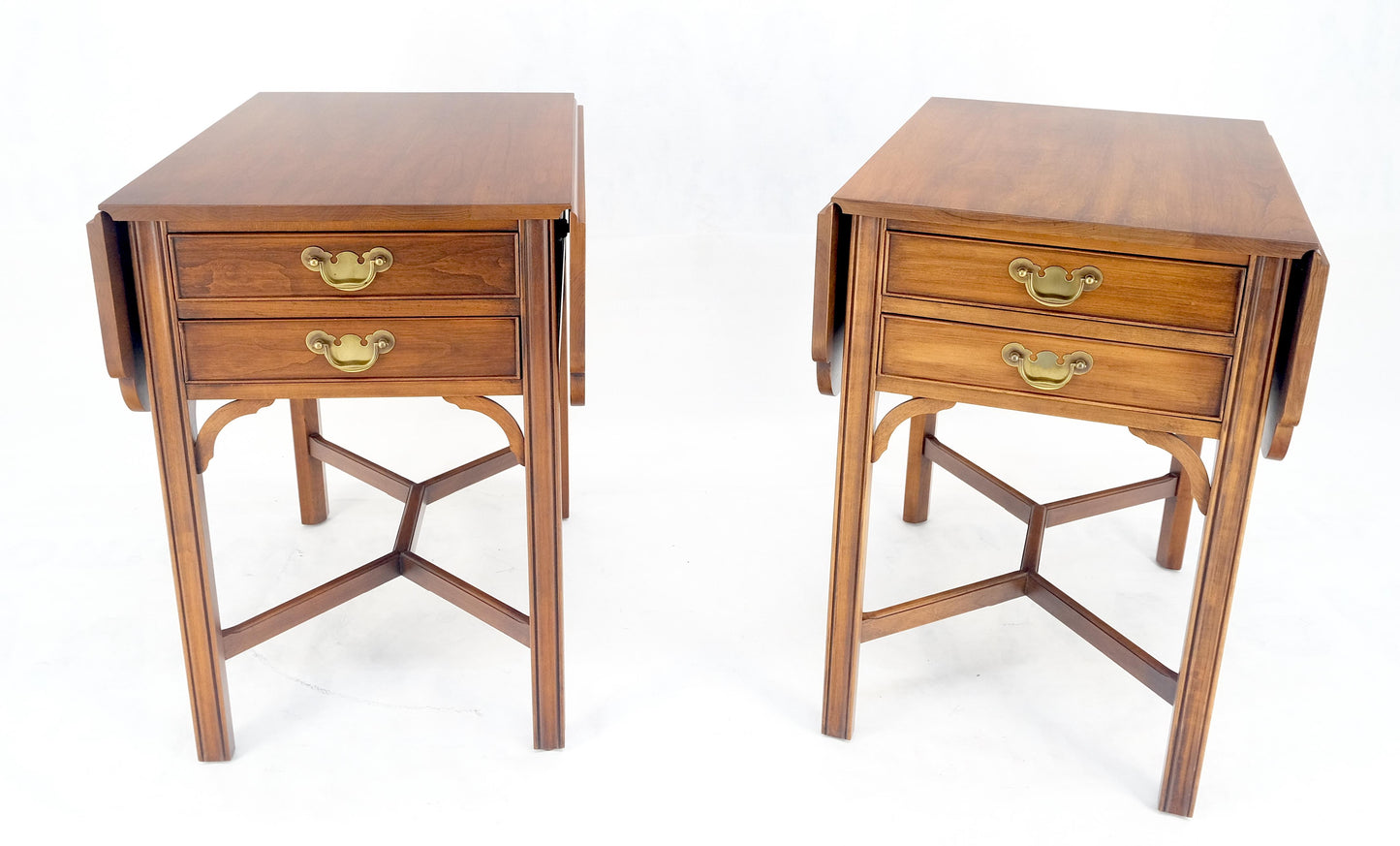 EstablishedLines Pair Solid Cherry Drop Leaf Brass Hardware "Y" Stretches End Side Tables MINT!