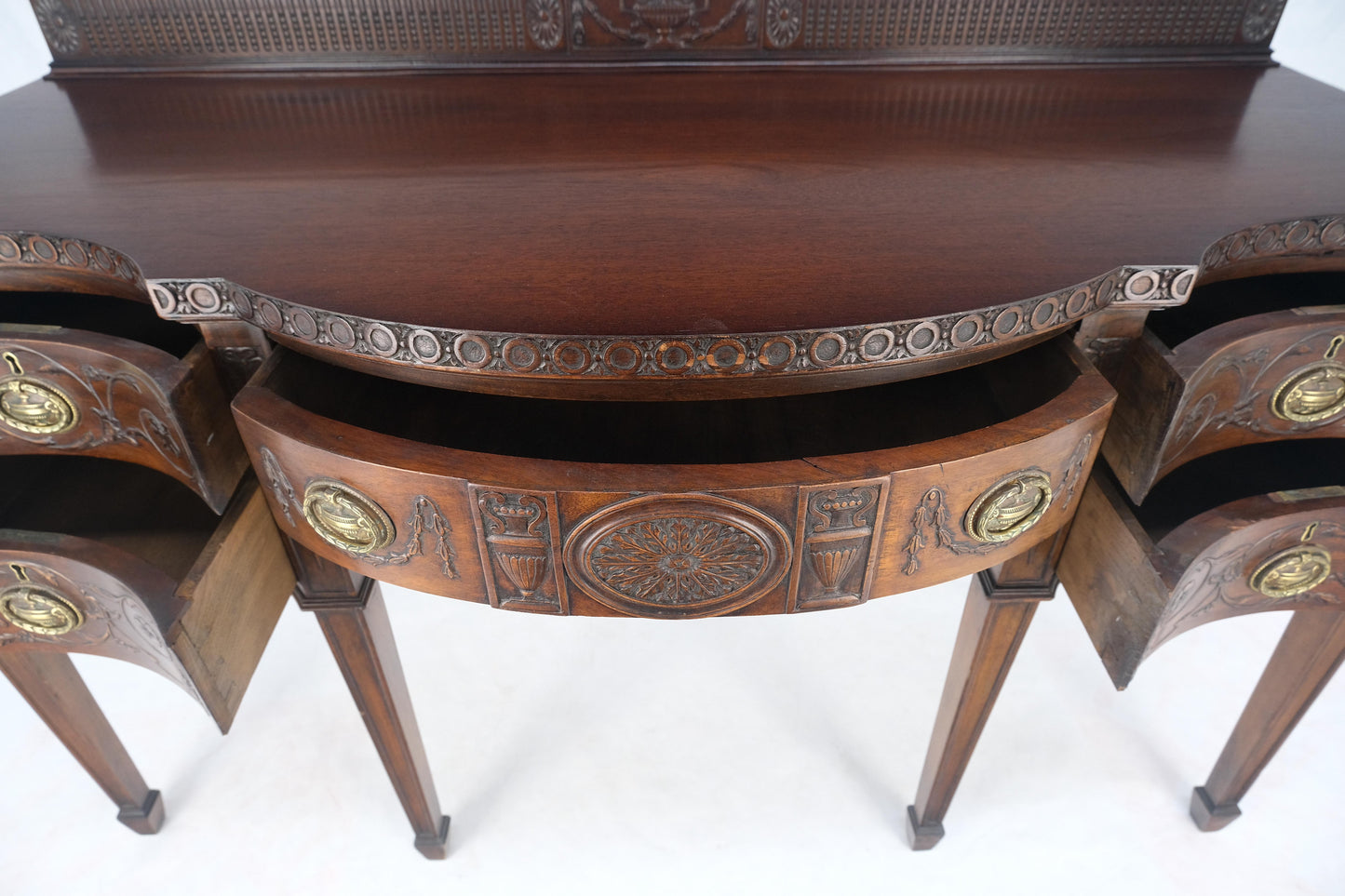 EstablishedLines Fine Bench Made Carved Mahogany Serpentine Front Dovetail Drawers Vanity Desk