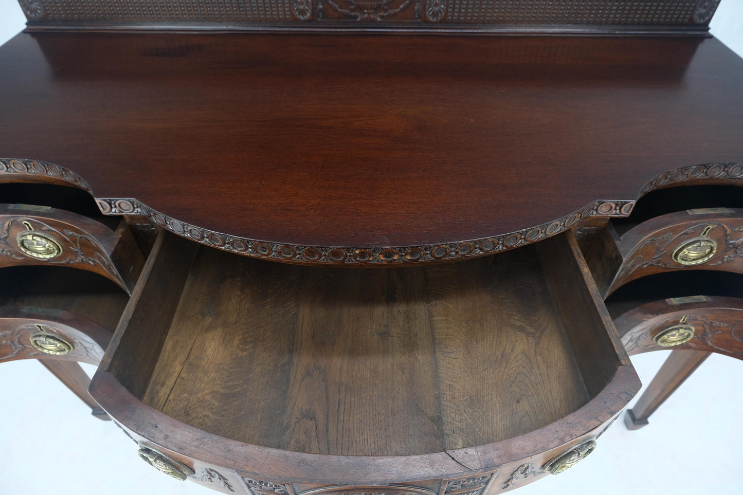 EstablishedLines Fine Bench Made Carved Mahogany Serpentine Front Dovetail Drawers Vanity Desk