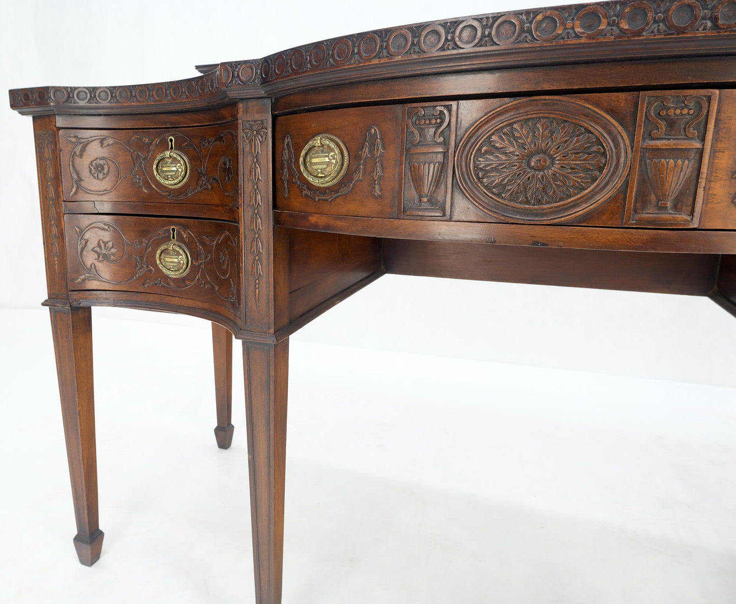 EstablishedLines Fine Bench Made Carved Mahogany Serpentine Front Dovetail Drawers Vanity Desk