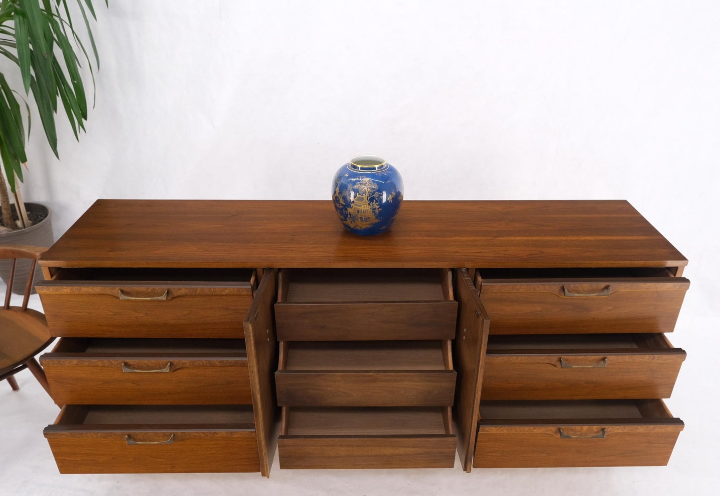 EstablishedLines Long Walnut 9 Drawers Two Doors Mid-Century Modern Dresser Credenza Burl Accents