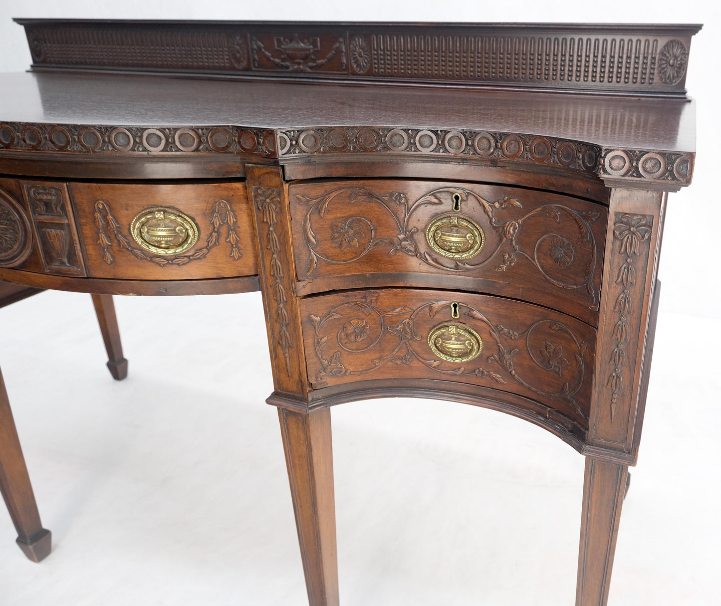 EstablishedLines Fine Bench Made Carved Mahogany Serpentine Front Dovetail Drawers Vanity Desk