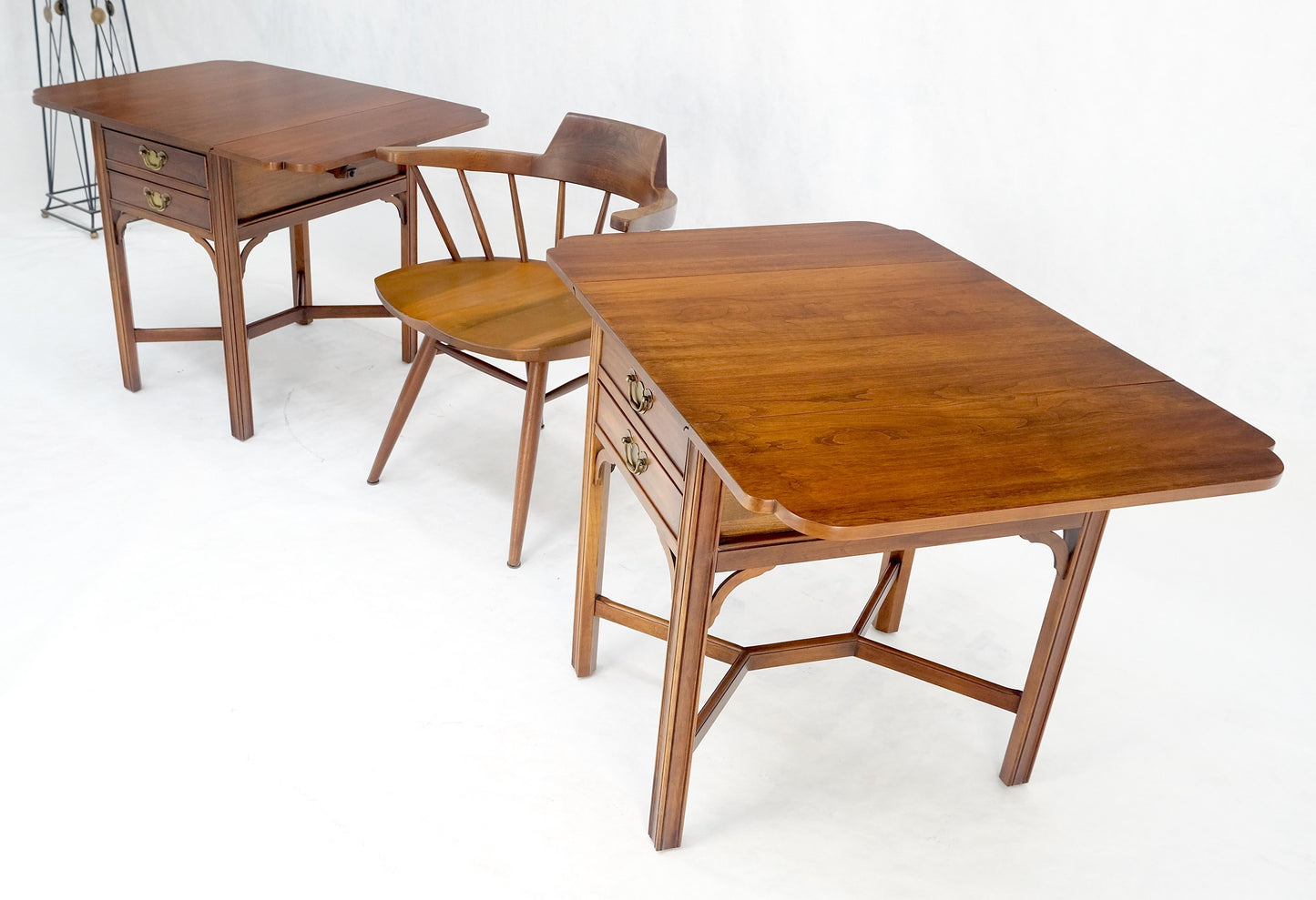 EstablishedLines Pair Solid Cherry Drop Leaf Brass Hardware "Y" Stretches End Side Tables MINT!