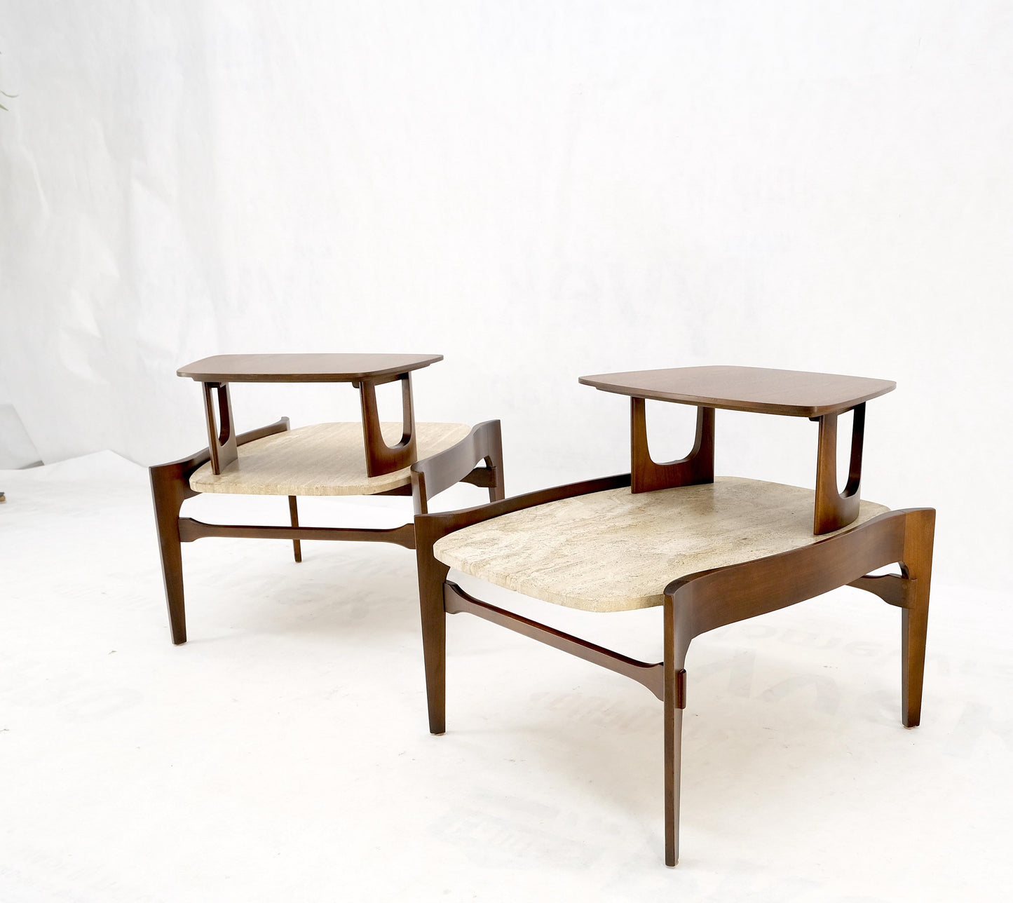 EstablishedLines Pair Sculptural 1970s Walnut Travertine Tops Step Side End Tables Singer Sons