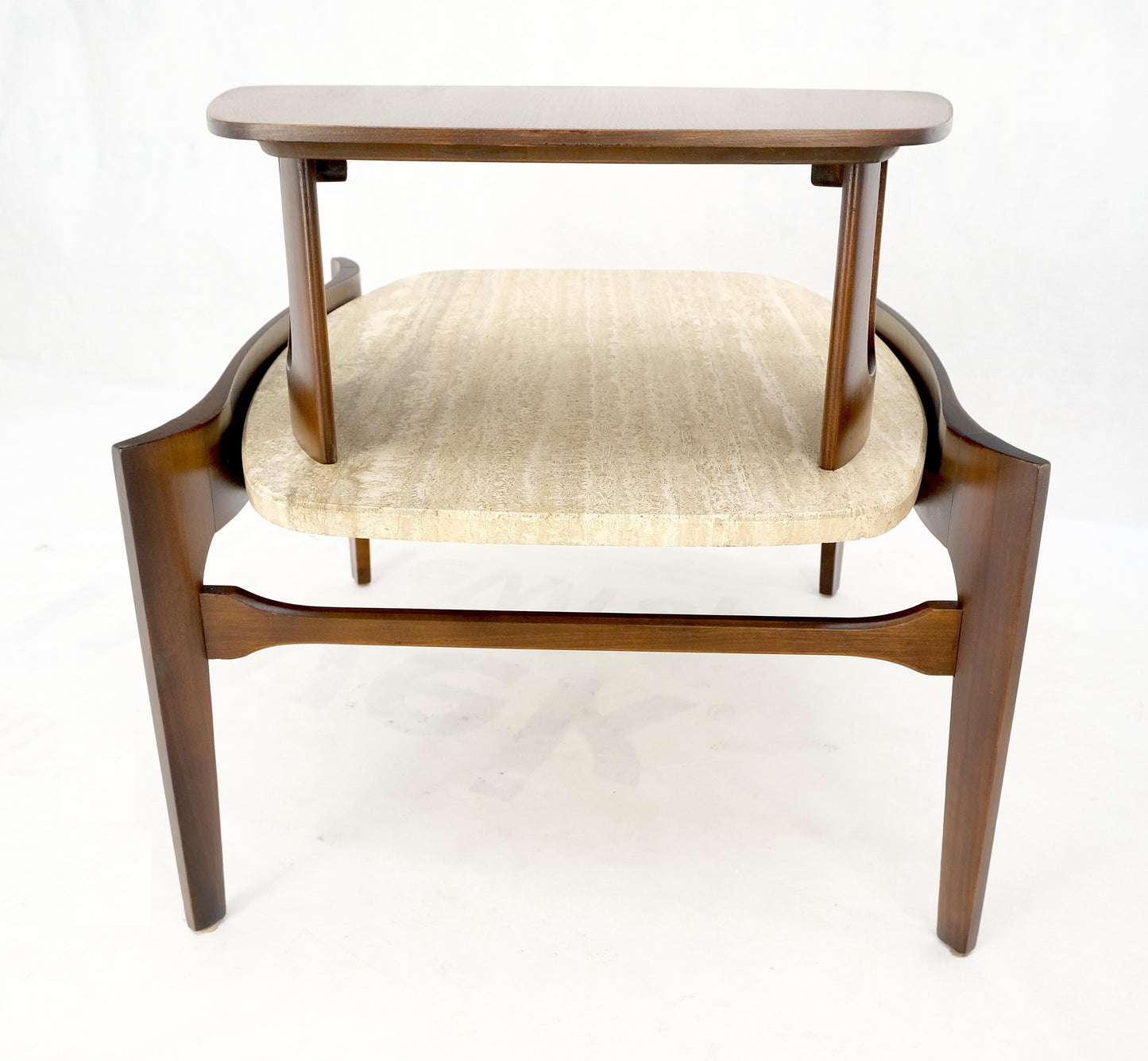 EstablishedLines Pair Sculptural 1970s Walnut Travertine Tops Step Side End Tables Singer Sons
