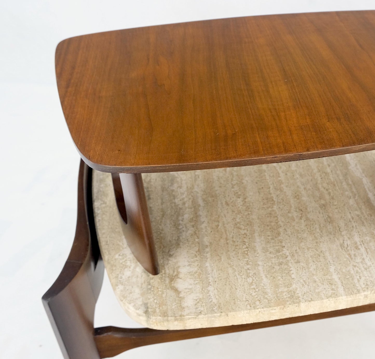 EstablishedLines Pair Sculptural 1970s Walnut Travertine Tops Step Side End Tables Singer Sons
