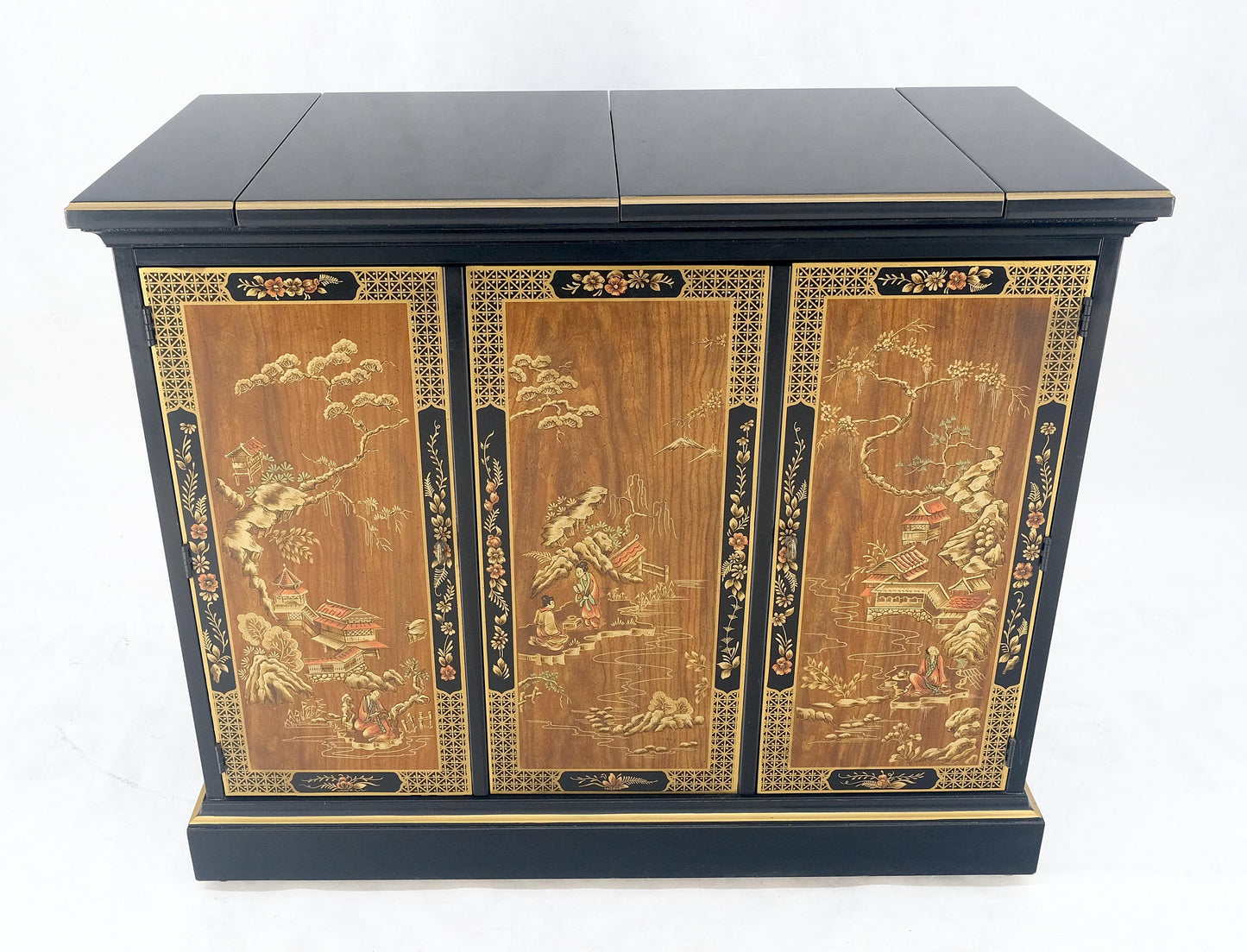 EstablishedLines Drexel Flip Top Serving Sideboard Bar on Wheels Chinoiserie Style Black Lacquer